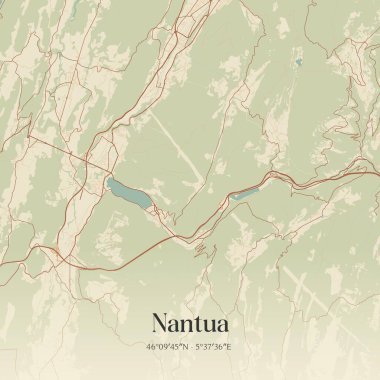 Vintage wall art map of nantua, located in Nantua, Auvergne-Rhone-Alpes, France. Aerial plan with forests, roads, cities, lakes and rivers. clipart