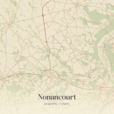 Evreux, Normandie, Fransa 'daki nonancourt' un klasik duvar sanat haritası. Ormanlar, yollar, şehirler, göller ve nehirlerle ilgili hava planı.