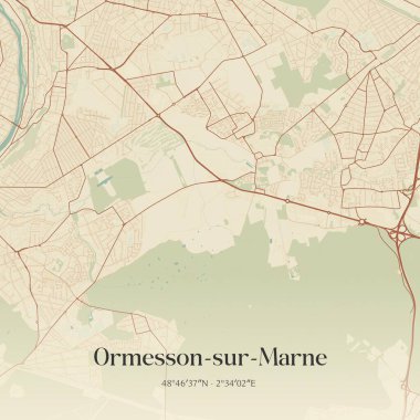 Ormesson-sur-marne 'nin klasik duvar sanat haritası, Nogent-sur-Marne, Ile-de-France, Fransa. Ormanlar, yollar, şehirler, göller ve nehirlerle ilgili hava planı.
