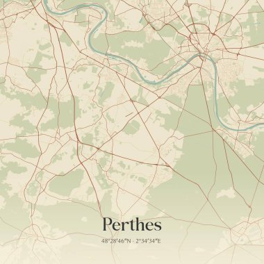 Melun, Ile-de-France, Fransa 'da bulunan eski duvar sanat haritası. Ormanlar, yollar, şehirler, göller ve nehirlerle ilgili hava planı.