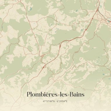 Vintage wall art map of plombieres-les-bains, located in Epinal, Grand Est, France. Aerial plan with forests, roads, cities, lakes and rivers. clipart