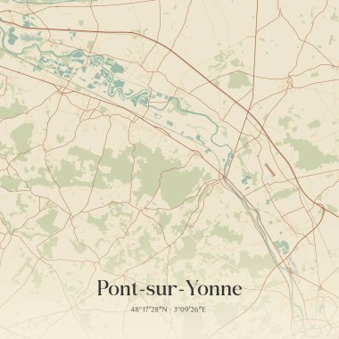 Sens, Bourgogne-Franche-Comte, Fransa 'da bulunan Pont-sur-yonne' un klasik duvar sanat haritası. Ormanlar, yollar, şehirler, göller ve nehirlerle ilgili hava planı.