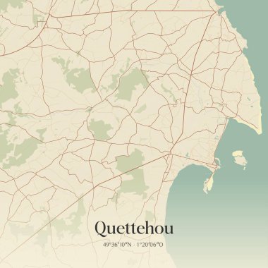 Cherbourg, Normandie, Fransa 'da bulunan Quettehou' nun klasik duvar sanat haritası. Ormanlar, yollar, şehirler, göller ve nehirlerle ilgili hava planı.