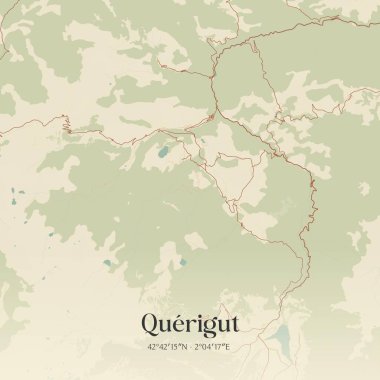 Foix, Occitanie, Fransa 'da bulunan querigut' un klasik duvar haritası. Ormanlar, yollar, şehirler, göller ve nehirlerle ilgili hava planı.