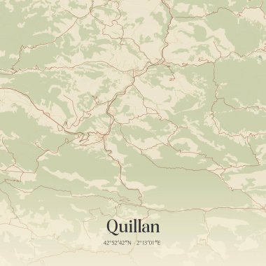 Quillan 'ın klasik duvar sanat haritası, Limoux, Occitanie, Fransa' da. Ormanlar, yollar, şehirler, göller ve nehirlerle ilgili hava planı.