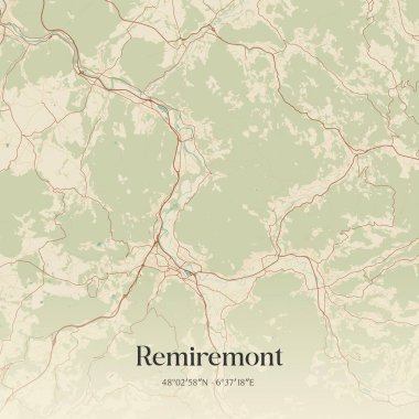 Vintage wall art map of remiremont, located in Epinal, Grand Est, France. Aerial plan with forests, roads, cities, lakes and rivers. clipart