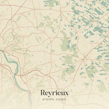 Reyrieux 'nun klasik duvar sanat haritası, Bourg-en-Bresse, Auvergne-Rhone-Alpes, Fransa. Ormanlar, yollar, şehirler, göller ve nehirlerle ilgili hava planı.