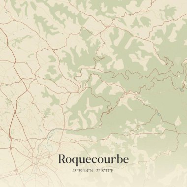 Castres, Occitanie, Fransa 'da bulunan roquecourbe' un klasik duvar sanat haritası. Ormanlar, yollar, şehirler, göller ve nehirlerle ilgili hava planı.