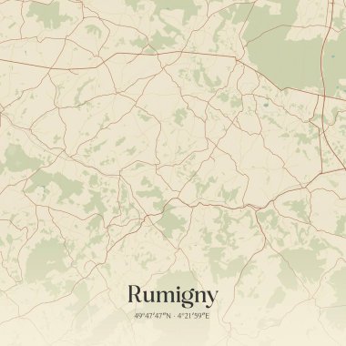 Rumigny 'nin klasik duvar sanat haritası, Charleville-Mezieres, Grand Est, Fransa' da. Ormanlar, yollar, şehirler, göller ve nehirlerle ilgili hava planı.