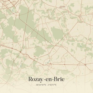 Rozay-en-brie 'nin klasik duvar haritası Provins, Ile-de-France, Fransa' da bulunuyor. Ormanlar, yollar, şehirler, göller ve nehirlerle ilgili hava planı.