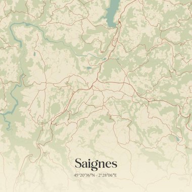 Saignes 'in klasik duvar haritası, Mauriac, Auvergne-Rhone-Alpes, Fransa' da. Ormanlar, yollar, şehirler, göller ve nehirlerle ilgili hava planı.