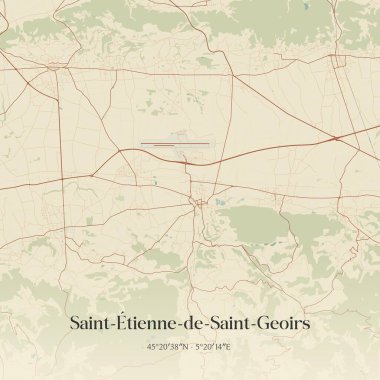 Saint-etienne-de-Aziz-Geoirs 'in klasik duvar sanat haritası, Grenoble, Auvergne-Rhone-Alpes, Fransa' da. Ormanlar, yollar, şehirler, göller ve nehirlerle ilgili hava planı.