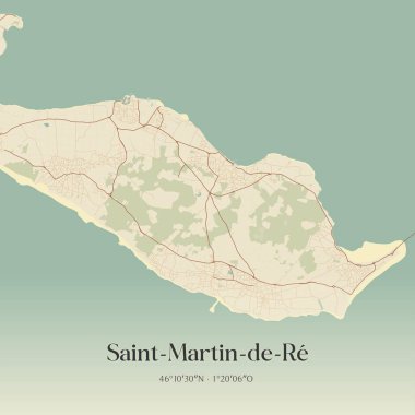 Saint-Martin-de-re 'nin klasik duvar sanat haritası, La Rochelle, Nouvelle-Aquitaine, Fransa' da. Ormanlar, yollar, şehirler, göller ve nehirlerle ilgili hava planı.