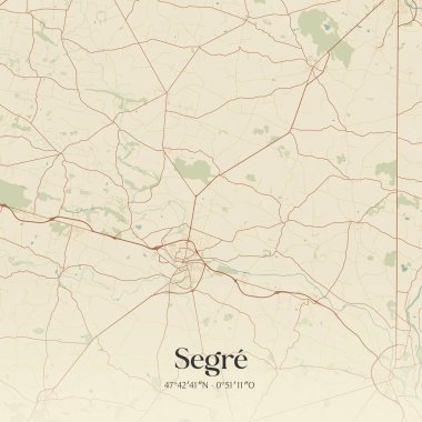 Segre, Pays de la Loire, Fransa 'da bulunan Segre' nin klasik duvar sanat haritası. Ormanlar, yollar, şehirler, göller ve nehirlerle ilgili hava planı.