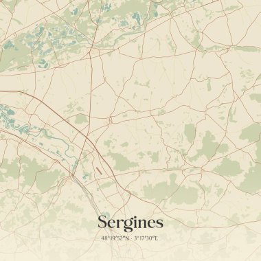 Sergines 'in klasik duvar haritası, Sens, Bourgogne-Franche-Comte, Fransa' da. Ormanlar, yollar, şehirler, göller ve nehirlerle ilgili hava planı.