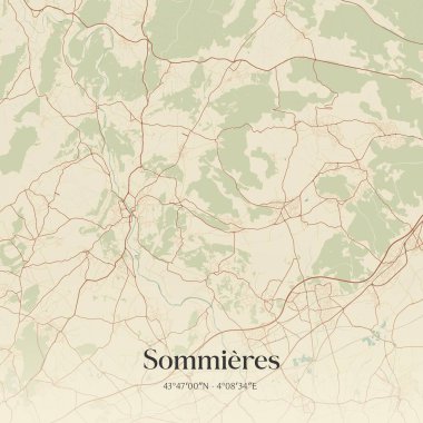 Sommieres 'in klasik duvar sanat haritası, Nimes, Occitanie, Fransa' da. Ormanlar, yollar, şehirler, göller ve nehirlerle ilgili hava planı.