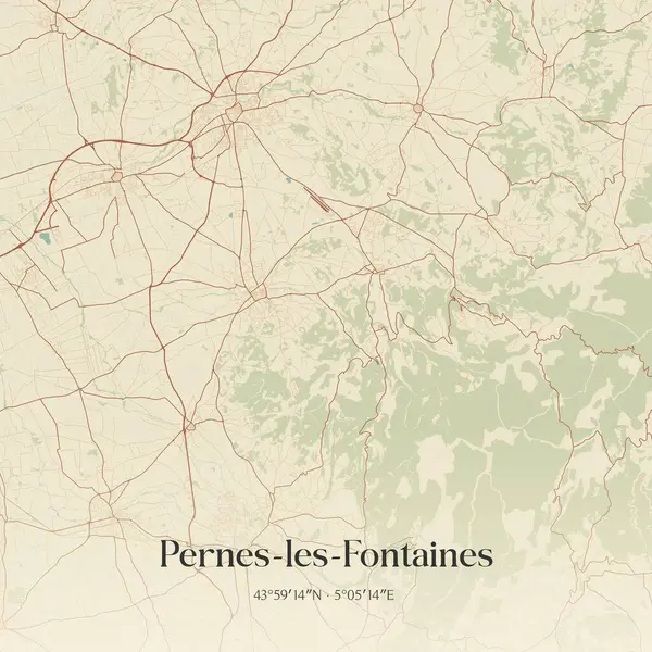 Pernes-les-fontaines 'in klasik duvar haritası, Carpentras, Provence-Alpes-Cote d' Azur, Fransa. Ormanlar, yollar, şehirler, göller ve nehirlerle ilgili hava planı.