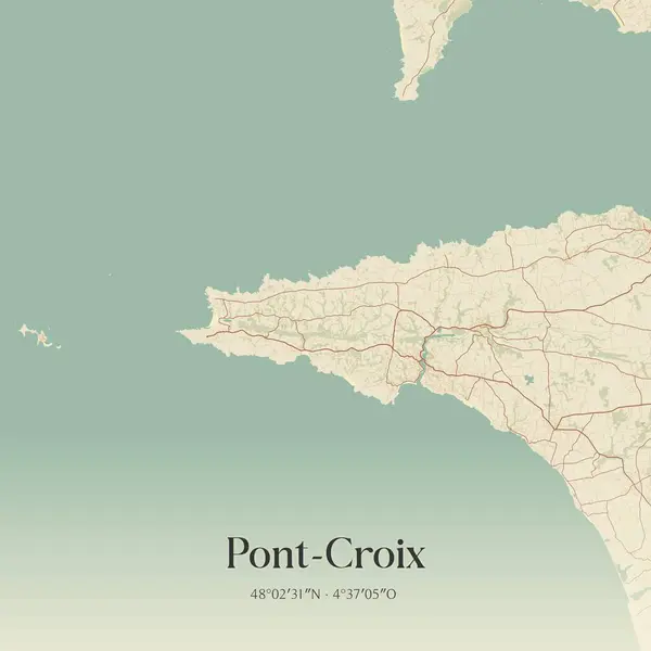 Pont-croix 'in klasik duvar haritası, Quimper, Bretagne, Fransa' da. Ormanlar, yollar, şehirler, göller ve nehirlerle ilgili hava planı.