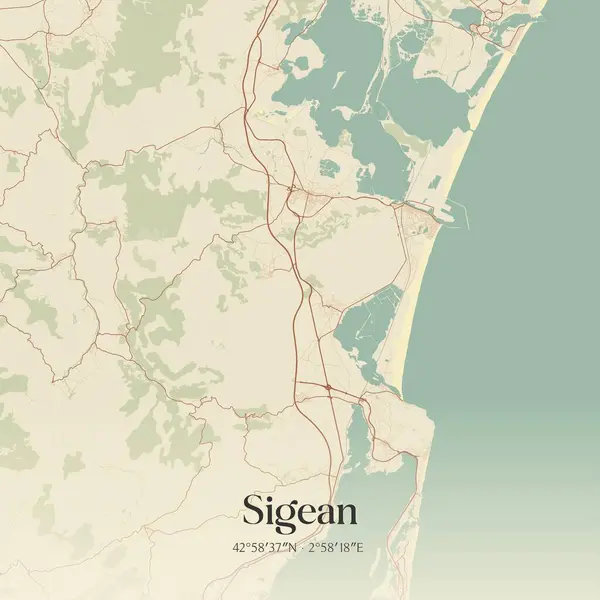 Narbonne, Occitanie, Fransa 'da bulunan Sigean' ın klasik duvar sanat haritası. Ormanlar, yollar, şehirler, göller ve nehirlerle ilgili hava planı.