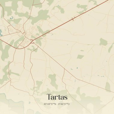 Vintage wall art map of tartas, located in Dax, Nouvelle-Aquitaine, France. Aerial plan with forests, roads, cities, lakes and rivers. clipart