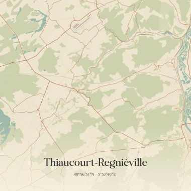 Thiaucourt-Regnieville 'in klasik duvar sanat haritası, Toul, Grand Est, Fransa' da. Ormanlar, yollar, şehirler, göller ve nehirlerle ilgili hava planı.