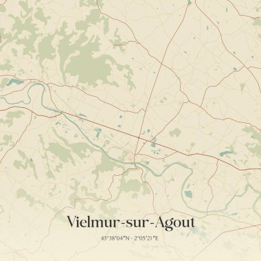 Castres, Occitanie, Fransa 'da bulunan Vielmur-sur-agout' un klasik duvar sanat haritası. Ormanlar, yollar, şehirler, göller ve nehirlerle ilgili hava planı.