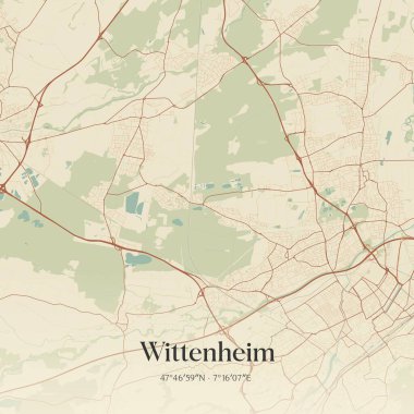 Wittenheim 'ın klasik duvar sanat haritası, Mulhouse, Grand Est, Fransa' da. Ormanlar, yollar, şehirler, göller ve nehirlerle ilgili hava planı.