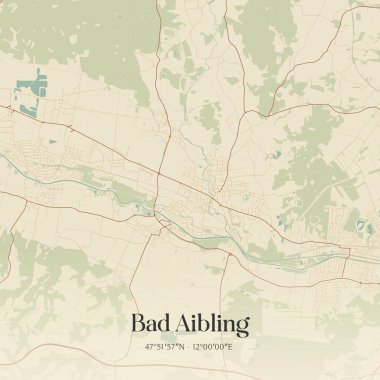 Vintage wall art map of Bad Aibling, located in Bayern, Germany. Aerial plan with forests, roads, cities, lakes and rivers. clipart