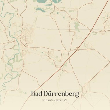 Bad Durrenberg 'in Sachsen-Anhalt, Almanya' daki klasik duvar sanat haritası. Ormanlar, yollar, şehirler, göller ve nehirlerle ilgili hava planı.