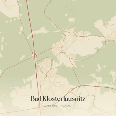 Vintage wall art map of Bad Klosterlausnitz, located in Thuringen, Germany. Aerial plan with forests, roads, cities, lakes and rivers. clipart