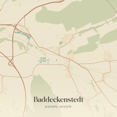 Vintage wall art map of Baddeckenstedt, located in Niedersachsen, Germany. Aerial plan with forests, roads, cities, lakes and rivers. clipart