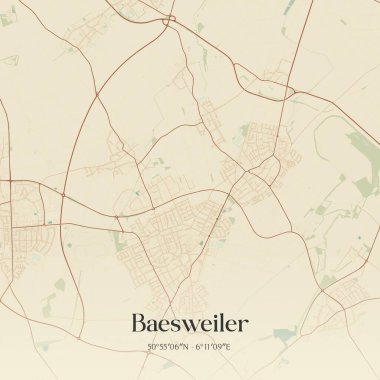 Baesweiler 'ın klasik duvar haritası, Nordrhein-Westfalen, Almanya' da. Ormanlar, yollar, şehirler, göller ve nehirlerle ilgili hava planı.