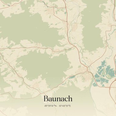Baunach 'ın Almanya' nın Bayern kentinde bulunan klasik duvar sanat haritası. Ormanlar, yollar, şehirler, göller ve nehirlerle ilgili hava planı.