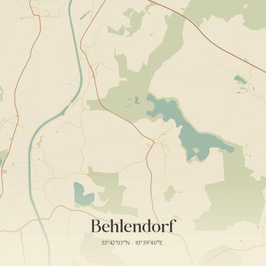 Almanya 'nın kuzeyinde Schleswig-Holstein eyâletinde bulunan Behlendorf' un klasik duvar sanat haritası. Ormanlar, yollar, şehirler, göller ve nehirlerle ilgili hava planı.