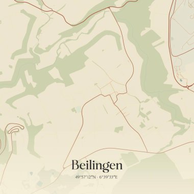 Beilingen 'in klasik duvar sanat haritası, Rheinland-Pfalz, Almanya' da. Ormanlar, yollar, şehirler, göller ve nehirlerle ilgili hava planı.