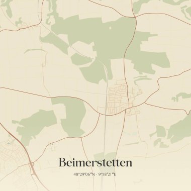 Beimerstetten 'in klasik duvar sanat haritası, Baden-Wurttemberg, Almanya' da. Ormanlar, yollar, şehirler, göller ve nehirlerle ilgili hava planı.