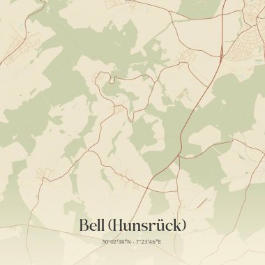 Almanya 'nın Rheinland-Pfalz şehrinde bulunan Bell' in (Hunsruck) klasik duvar sanat haritası. Ormanlar, yollar, şehirler, göller ve nehirlerle ilgili hava planı.