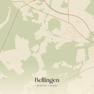 Bellingen 'in klasik duvar sanat haritası, Rheinland-Pfalz, Almanya' da. Ormanlar, yollar, şehirler, göller ve nehirlerle ilgili hava planı.