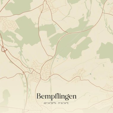 Bempflingen 'in klasik duvar sanat haritası, Baden-Wurttemberg, Almanya' da. Ormanlar, yollar, şehirler, göller ve nehirlerle ilgili hava planı.