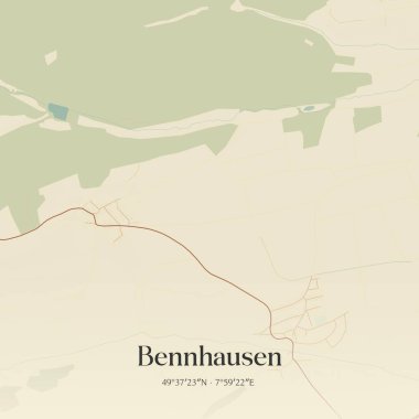 Bennhausen 'in klasik duvar sanat haritası, Rheinland-Pfalz, Almanya' da. Ormanlar, yollar, şehirler, göller ve nehirlerle ilgili hava planı.