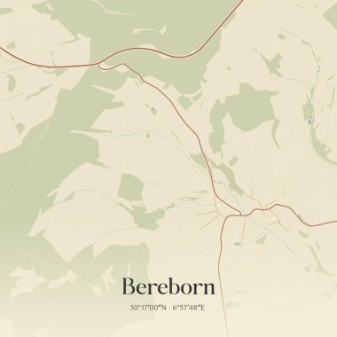 Almanya 'nın Rheinland-Pfalz şehrinde yer alan Bereborn' un klasik duvar sanat haritası. Ormanlar, yollar, şehirler, göller ve nehirlerle ilgili hava planı.
