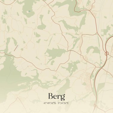 Baden-Wurttemberg, Almanya 'da bulunan Berg' ün klasik duvar sanat haritası. Ormanlar, yollar, şehirler, göller ve nehirlerle ilgili hava planı.