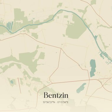 Bentzin 'in klasik duvar sanat haritası, Mecklenburg-Vorpommern, Almanya' da. Ormanlar, yollar, şehirler, göller ve nehirlerle ilgili hava planı.