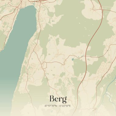 Almanya 'nın Bayern kentinde bulunan Berg' ün klasik duvar sanat haritası. Ormanlar, yollar, şehirler, göller ve nehirlerle ilgili hava planı.