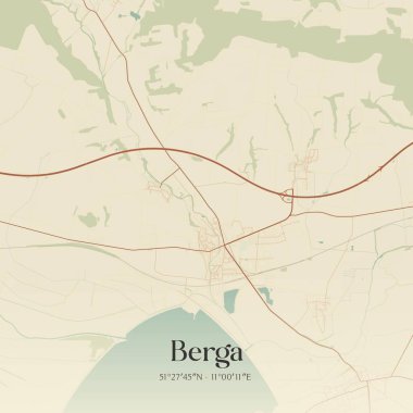 Berga 'nın Sachsen-Anhalt, Almanya' daki klasik duvar sanat haritası. Ormanlar, yollar, şehirler, göller ve nehirlerle ilgili hava planı.