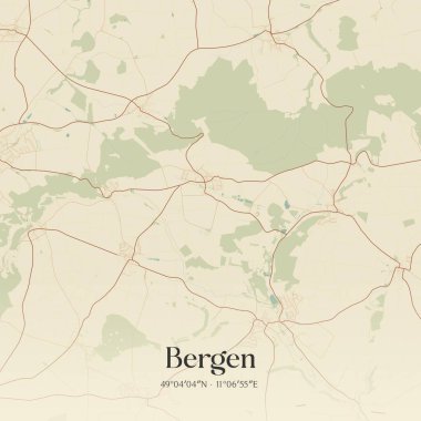Almanya 'nın Bayern kentinde bulunan Bergen' in klasik duvar sanat haritası. Ormanlar, yollar, şehirler, göller ve nehirlerle ilgili hava planı.