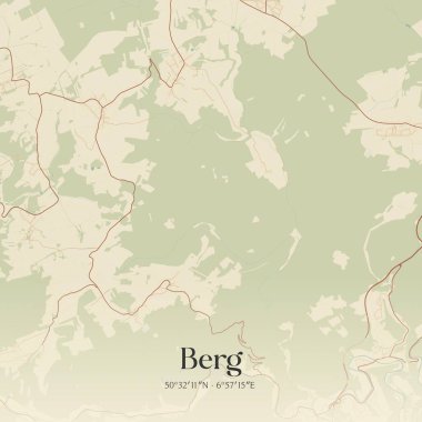 Vintage wall art map of Berg, located in Rheinland-Pfalz, Germany. Aerial plan with forests, roads, cities, lakes and rivers. clipart