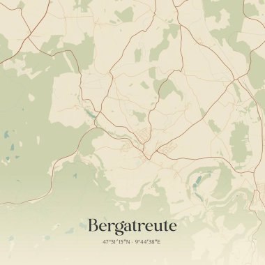 Baden-Wurttemberg, Almanya 'da bulunan Bergatreute' nin klasik duvar sanat haritası. Ormanlar, yollar, şehirler, göller ve nehirlerle ilgili hava planı.