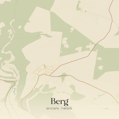 Berg 'ün klasik duvar sanat haritası, Rheinland-Pfalz, Almanya' da. Ormanlar, yollar, şehirler, göller ve nehirlerle ilgili hava planı.