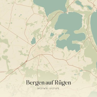 Almanya 'nın Mecklenburg-Vorpommern kentinde bulunan Bergen auf Rugen' in klasik duvar sanat haritası. Ormanlar, yollar, şehirler, göller ve nehirlerle ilgili hava planı.